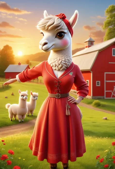 Poster fashion style design, (Female anthropomorphic alpaca image:1.3), She is wearing vintage clothing from the 1950s, Leaning against a classic red barn, She had a pleasant expression, Waving a headscarf, An idyllic farm scene can be seen in the backgrou...