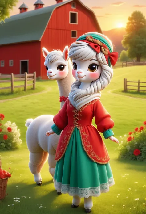 Poster fashion style design, (Female anthropomorphic alpaca image:1.3), She is wearing vintage clothing from the 1950s, Leaning against a classic red barn, She had a pleasant expression, Waving a headscarf, An idyllic farm scene can be seen in the backgrou...