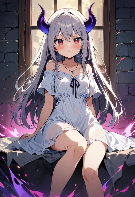 (Best quality, Masterpiece:1.2), 1girl, big blue eyes,Lowering the eyelids,Full of tears, Long white hair,White dress, Purple 2 horns on head, Purple Devil Tail Sorrow, Blush,Full body,Looking at the stars outside the window, Cinematic lighting effects, Pa...