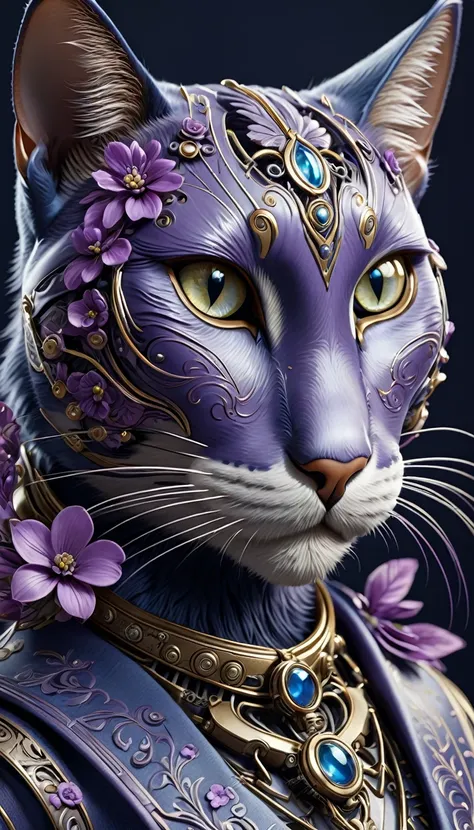 mechanical cat，lifelike，Anthropomorphic Cat，Character setting，Ultra-detailed graphics，Delicate face，8k，magazine cover，Floral background decoration，Strong color contrast，Darker color，blue-violet tone