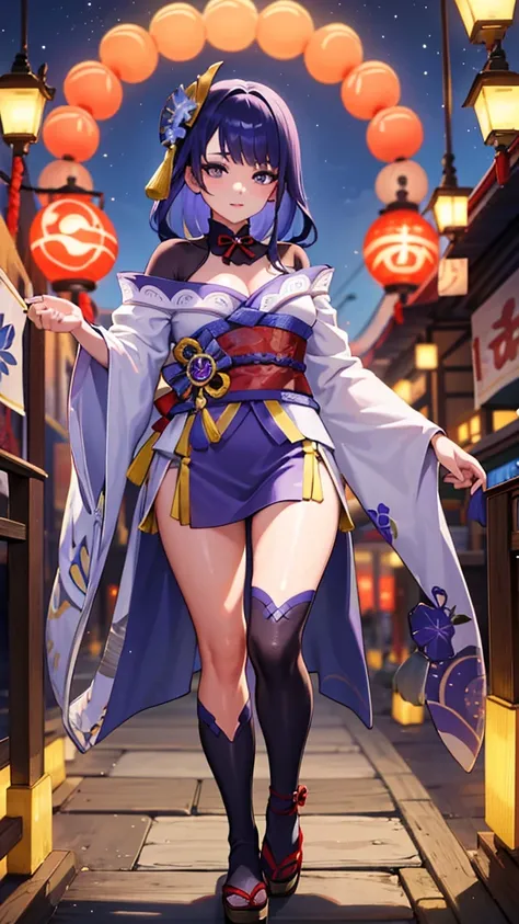 Raiden Shogun,1girl,exquisite eyes,beautiful,detailed lips,wearing a beautiful kimono,attending a summer festival under a starry night sky with Yae Miko. The girl is exploring the festival shop and admiring the colorful decorations and traditional crafts. ...