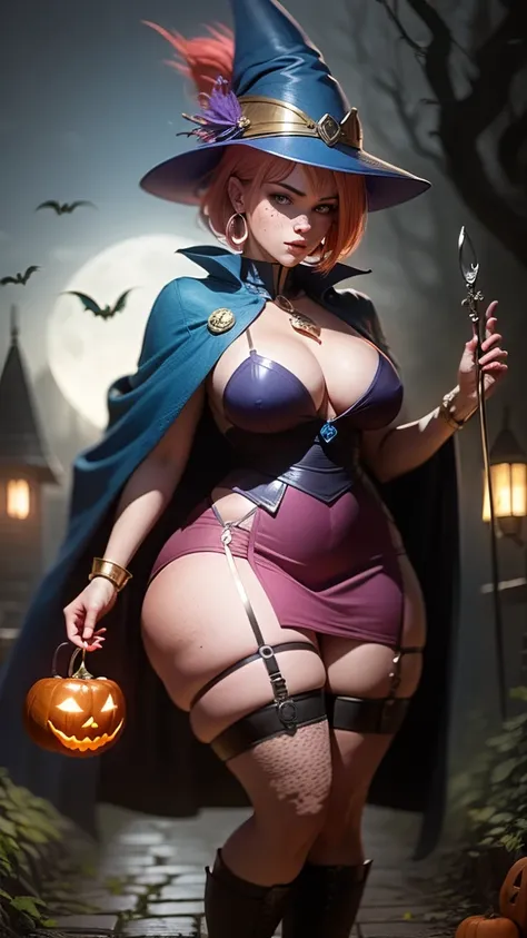 dark magician girl,gwen tennyson,tracer,bulma,rebecca chambers,Yu-Gi-Oh,solo girl,close up,moonlight,gold neck jewelry,body tattoos,short pink skirt,garter belt,short hair,dark magician girl hat,dark magician girl dress,dark magician girl robe,holding a wa...