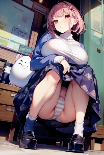 White sweater、Big Tits、Huge breasts、Soft Breasts、Grin、Stripes々Patterned underwear