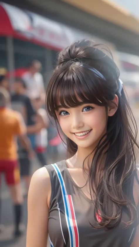 Racing queen, grid girl, skirt, sleeveless, masterpiece , best quality , detailed , Bangs , Miss , Smile
