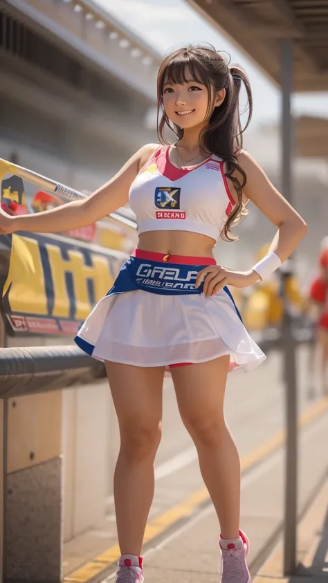 Racing queen, grid girl, skirt, sleeveless, masterpiece , best quality , detailed , Bangs , Miss , Smile
