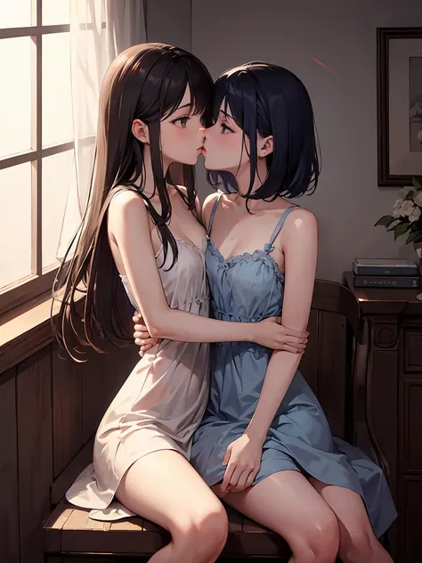 highest quality, Super detailed, Ultra-high resolution, Ultra-high definition 4K, 2 girls, Private room, Put your hand on someone else&#39;s crotch, NSFW, kiss, dress