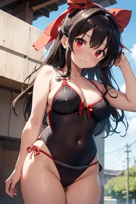 Reimu Panties visible Huge breasts Breasts visible Troubled face Wearing a swimsuit Breasts visible Breast size is 25