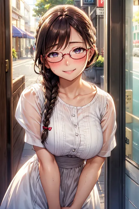 (high quality, high resolution, the finer details), sidewalk, side view, alone, girl, braided hair, , sparkling eyes, (large rou...