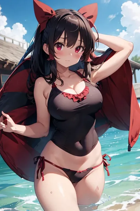 /Reimu Panties visible Huge breasts Breasts visible Concerned face Wearing a swimsuit Breasts visible Breast size is 25 Panties color is red