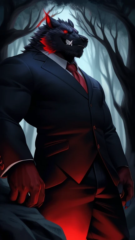 In the heart of a deep and mysterious forest, there stands a tall, muscular monster with black fur and dark, handsome skin. His captivating red eyes glow ominously, hinting at an otherworldly presence. Sharp fangs protrude from his menacing grin, adding to...