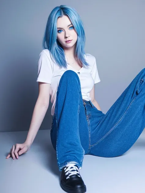 Draw me a picture of a girl with blue eyes, blue hair and blue pants