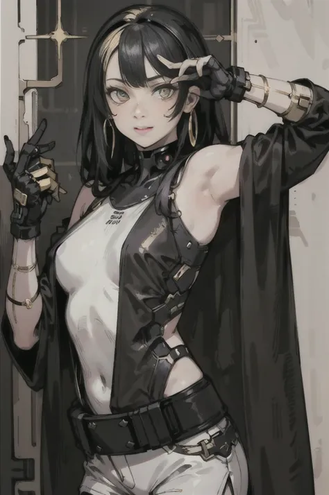 (High resolution), (Ultra delicate), (clear), Realistic，((A girl with black hair and gold inner color)).((cyber punk)），face，Skin realism、A fusion of Japanese style and the near future、white hot pants、Black pupil