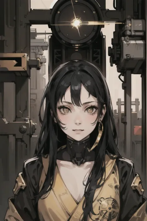 (High resolution), (Ultra delicate), (clear), Realistic，((A girl with black hair and gold inner color)).((cyber punk)），face，Skin realism、A fusion of Japanese style and the near future、Black pupil