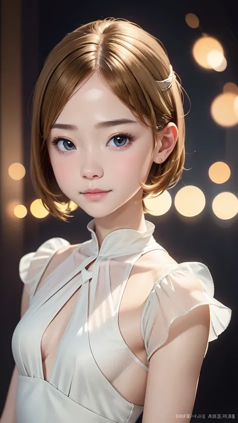 anatomy、Realistic depiction of the human body、A woman、１６talent、very cute face、baby face、beige hair、Unique Short Bob、Small Breasts、clear translucent skin、Immersive depiction、return々New Expression、realism、upper body angle、Focus on the face、White elegant dres...