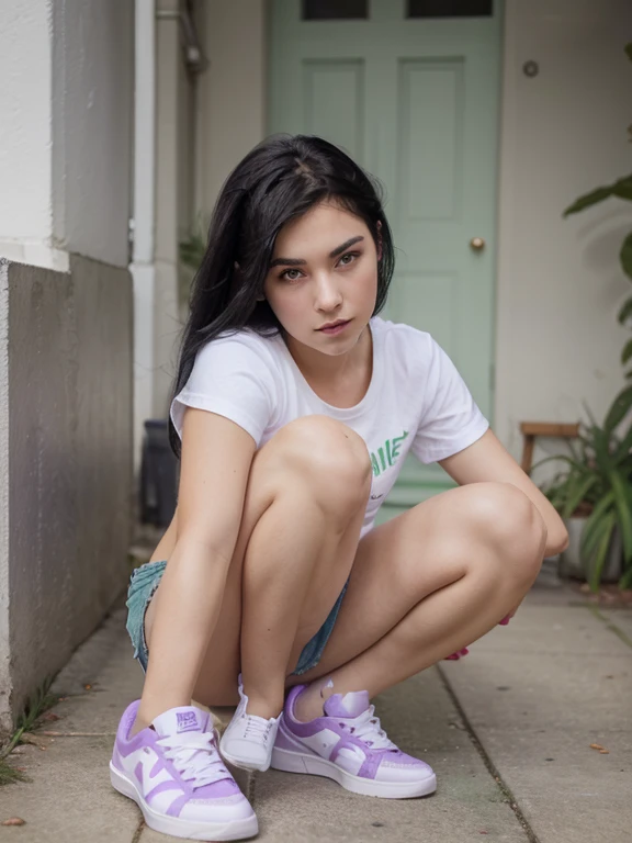 draw me a picture of a girl with black hair, purple eyes, short shorts and green color.  let her shoes be white.  let her eyebrows be purple in color.