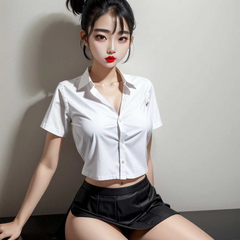 beautiful girl, 18 years old, white shirt, thin, small, black skirt, small, very short., big breasts, Big hips, Beautiful face, Asian girl, black ponytail, conjunctivitis, Show off white panties, Show your breasts, lip makeup, red lips, 