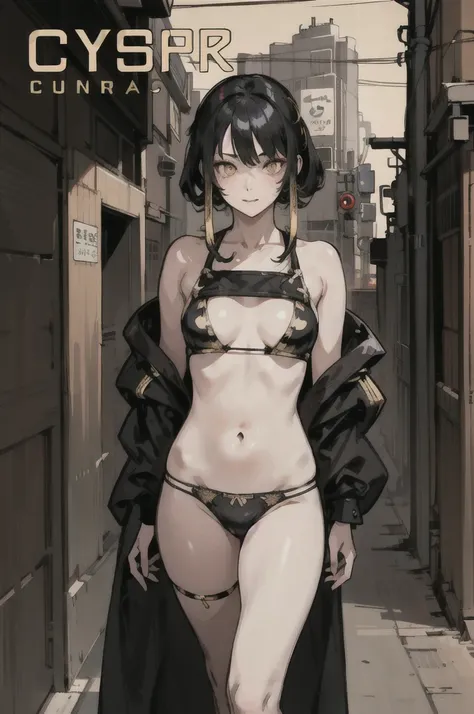 (High resolution), (Ultra delicate), (clear), Realistic，((A girl with black hair and gold inner color)).((cyber punk)），face，Skin realism、A fusion of Japanese style and the near future、Black pupil、white low rise panties