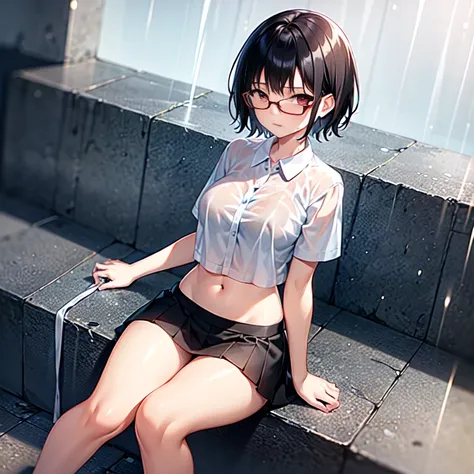 14 year old girl , short hair, black hair, red eyes, small, cute, sitting in the rain, wet, big breasts, wear glasses, white shirt , Black skirt, very short, Showing your navel, fit clothes, White Thong,