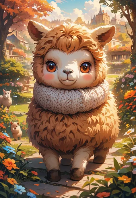 style, Vibrant colors, dreamy atmosphere, Layered composition, Intricate details, Warm rural background,(Brown Alpaca, Alpaca plush toy, Old Alpaca, Anthropomorphic alpacas, Fluffy,Solitary， big eyes,best quality,Super detailed,Reality), Soft texture, Comf...