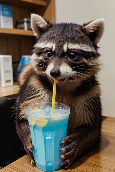 Cute racoon drink water by plastic straw in office