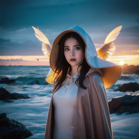 (masterpiece, best quality:1.2), 1girl, solo dark luminous translucent wings, above the clouds loosing feathers, floating feathe...