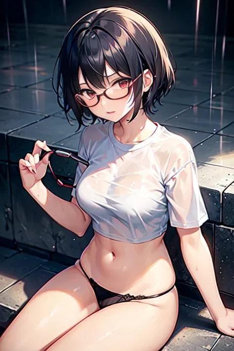 14 year old girl , short hair, black hair, red eyes, small, cute, sitting in the rain, wet, big breasts, wear glasses, white shirt , Showing your navel, fit clothes, White Thong,