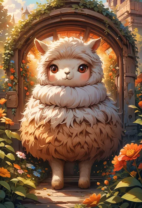 style, Vibrant colors, dreamy atmosphere, Layered composition, Intricate details, Warm rural background,(Brown Alpaca, Alpaca plush toy, Old Alpaca, Anthropomorphic alpacas, Fluffy,Solitary， big eyes,best quality,Super detailed,Reality), Soft texture, Comf...