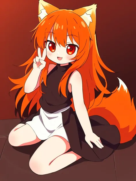 "Spice and wolf", Holo, cute, (orange hair, red eyes:1.2), jitome, messy hair,  wolf ears, wolf tails, smile, peace, full body,