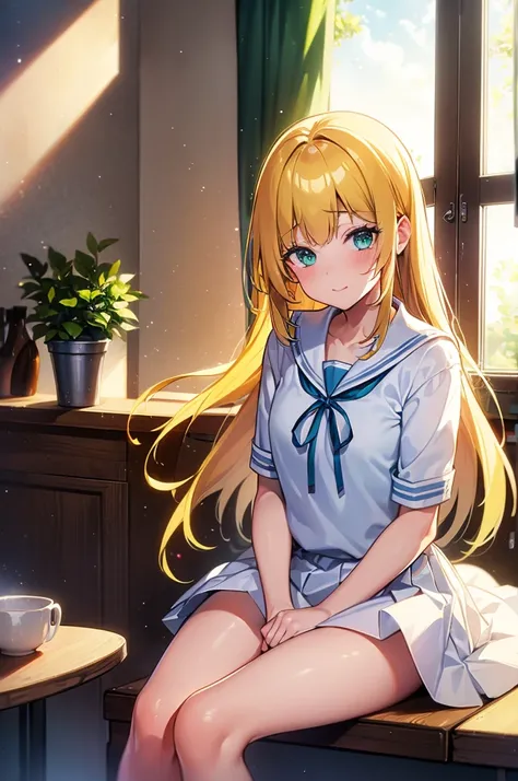 ((masterpiece,highest quality, High resolution)), One girl, alone, Green Eyes, Long blonde hair tied with a blue ribbon, Blunt bangs, Sitting, Arms folded on the table, Sleep arm in arm, , white serafuku, red sailor collar, Short sleeve, White pleated skir...