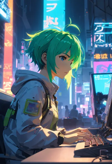 boy, Fade hair cut, Neon hair, best posture((best quality)), ((masterpiece)), (Very detailed:1.3), 3D, fair (Cyberpunk:1.3) Bushy-haired female hacker operating a computer terminal, computer server, LCD screen, optic fibre cable, Corporate logo,HDR (High D...