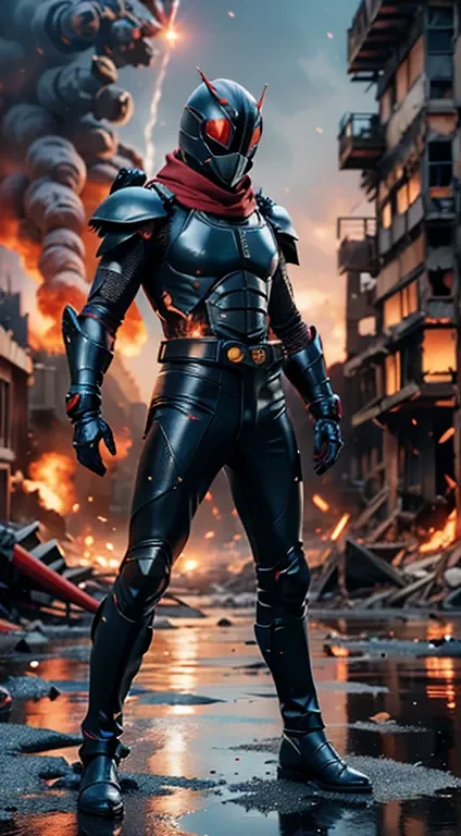 (kamen rider, (standing), kamen, full body detailed, detailed hands, good fingers, good hands, good legs, red scarf, low hood, ((epic burning city)), ruins, floating, explosion, debris, some fire and glitter background, ultra hd, ultra realistic texture, (...