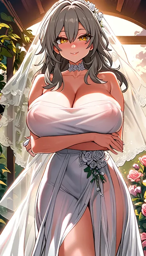 stelle (honkai star rail), (honkai star rail), 1girl, long hair, masterpiece, best quality, highres, huge breasts, covered nipples, erect nipples, looking at viewer, blush, smile, cleavage, bare shoulder, collar bone, see-through_wedding dress, white weddi...