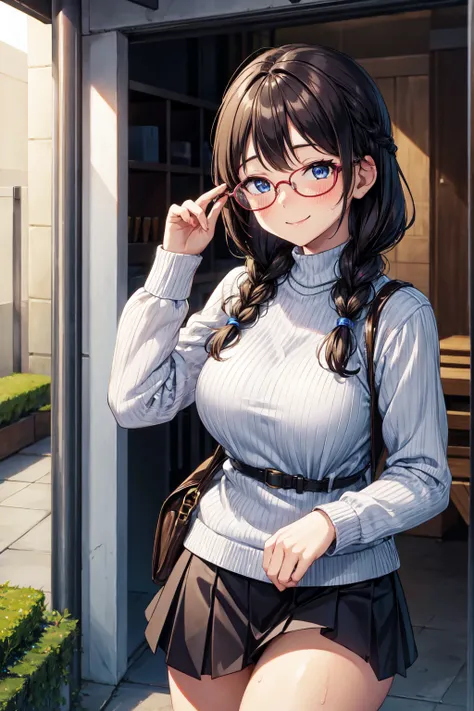 (high quality, High resolution, The finer details), Sidewalk, Side view, alone, girl, Braided Hair, , Sparkling eyes, (large round frame glasses), (Fine grain), big breasts, ((A kind smile)), blush, Sweat, Oily skin, (Focus plane), Shallow depth of field，K...