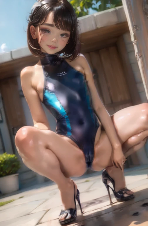 1girl in, Mary Rose, shorth hair, Black hair, A smile, embarrassed from, red blush, hard :1.4, (small tits), (White enamel high neck competitive swimsuit:1.2), (Sheer:1.3) (Hard indentation into the crotch), All body in, (((Squatting on the ground M-shaped...