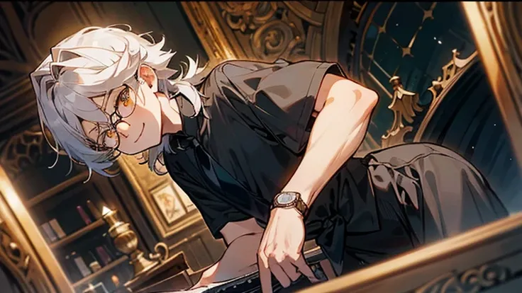 anime boy, a picture of man, 22 years old, yellow eyes, gray hair, has a bangs, medium hair, tied hair in back, glasses, serious eyebrows, work clothing, black shirt, black tie, antique watch somewhere near him, focus in his work, using laptop, in a vintag...