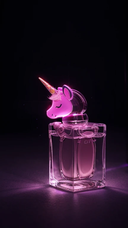 a bottle of magical beautiful perfume in the shape of a unicorn, glows, pink color, is in a dark room, realism