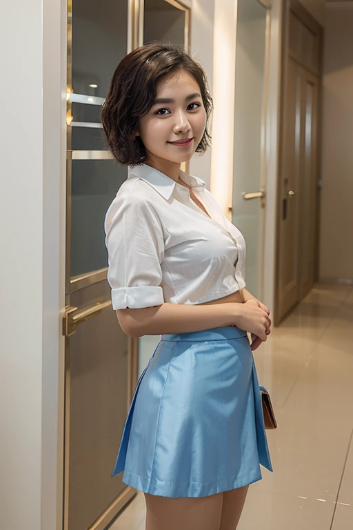 Beautiful Asian girl with short, slightly curly hair, sparkling brown eyes and gentle smile, wearing an elegant white shirt and blue skirt, ngồi trong quán cà phê sang trọng, belly exposed, open thighs