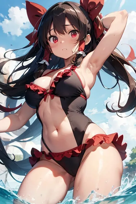 Reimu Panties visible Huge breasts Breasts visible, troubled face Wearing a swimsuit  visible Breast size is 25 Panties are red or black Masterpiece Armpits visible