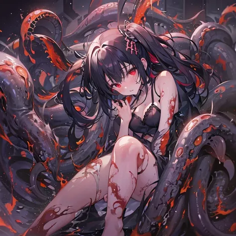 masterpiece, best quality, masterpiece,best quality,official art,extremely detailed CG unity 8k wallpaper, show foot, little girl, solo, kawaii, no_humans, medium hair, black hair, tentacle hair, saliva, blood on face, light blush, red eyes, blood from eye...