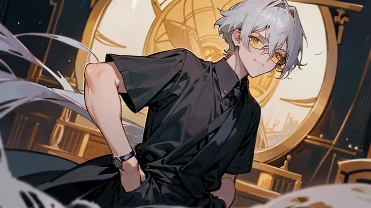 anime boy, a picture of man, 22 years old, business man, yellow eyes, gray hair, has a bangs, medium hair, tied hair in back, his left bangs longer than his right, glasses, serious eyebrows, work clothing, black shirt, black tie, bring antique watch, in a ...