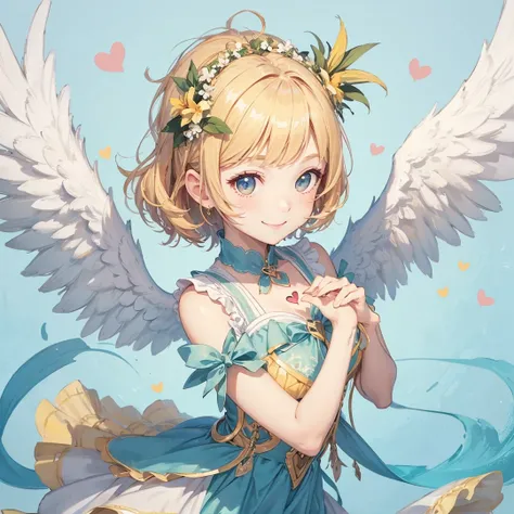 beautiful girl　Adorable smile　have angel wings，looking at the camera，Pineapple hair，Girl in cute costume，Cute pose，make a heart with both hands，masterpiece，highest quality，large in the center