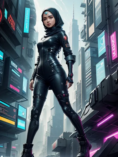 Describe a futuristic cityscape，A hijab-wearing Malay girl uses her advanced technology and wit to solve complex online puzzles，And master high technology, Cyberpunk World