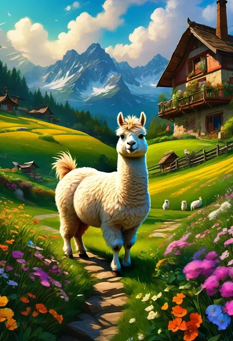 An Alpaca, aesthetic, (best quality,4k,8k,highres,masterpiece:1.2),ultra-detailed,(realistic,photorealistic,photo-realistic:1.37),alpaca,random actions,expressive face,dynamic body,playful interactions,natural environment,vibrant colors,soft lighting,adven...