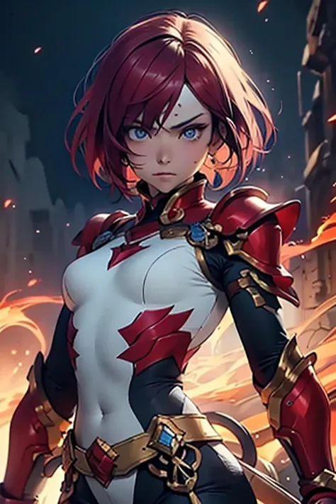 ((best quality)), ((masterpiece)), (detailed), perfect face warrior woman, beautiful, best graphics, soft lighting, crimson hair, tonfa on arms, spiral flames all around, armor on fire, modest, gentle, cute