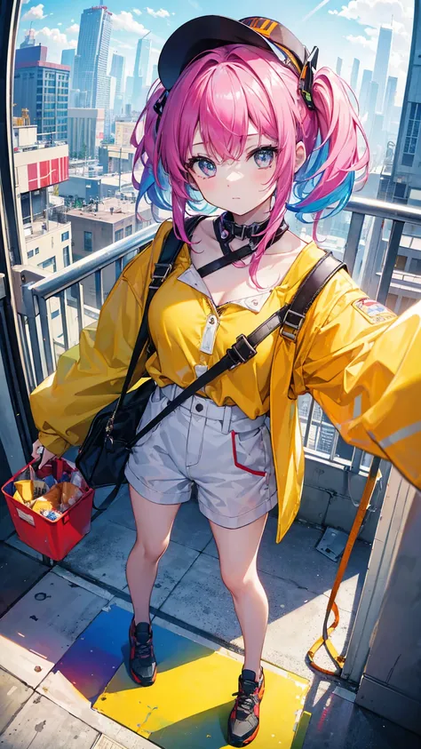 (masterpiece, best quality), (colorful:1.4), from above, solo, 1girl standing in a high-rise construction site with scaffolding ...