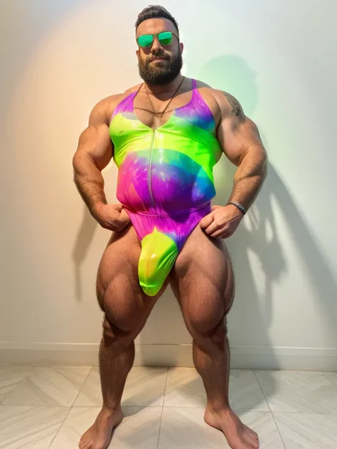 arafed man in a tie dye swimsuit and sunglasses posing for a picture, skintight rainbow body suit, psychedelic swimsuit, is wearing a swimsuit, sparky swimsuit, laserpunk fullbodysuit, bold rave outfit, bubblegum body, holographic suit, translucent neon sk...