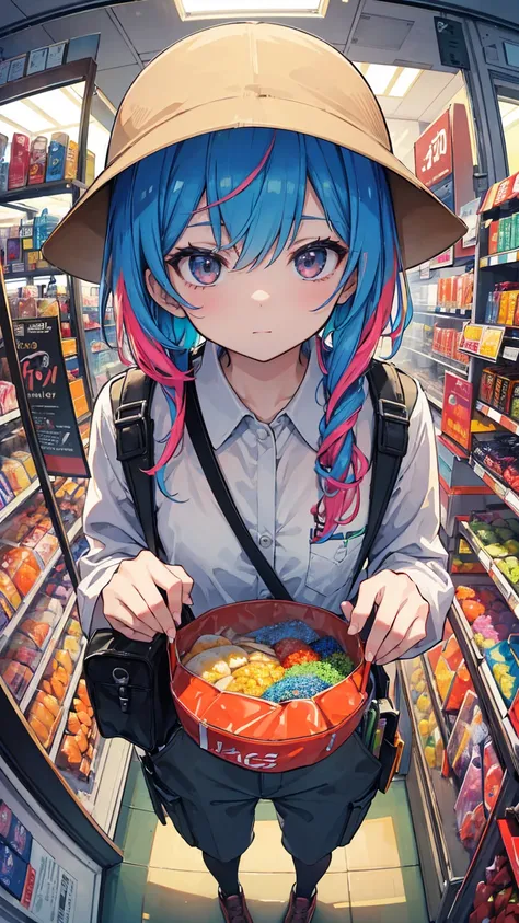 (masterpiece, best quality), (colorful:1.4), from above, solo, 1girl standing in a safari supply store with safari hats on display and a bag of survival gear, depth of field, fisheye lens