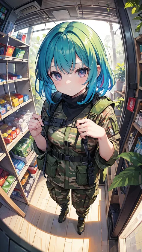 (masterpiece, best quality), (colorful:1.4), from above, solo, 1girl standing in a jungle outpost with camouflage equipment on the shelves and a bag of insect repellent, depth of field, fisheye lens