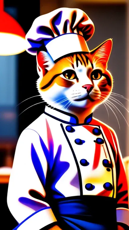 a cat, ((Chef uniform)), Epic scenes, dynamic camera, Backlight, (close up:1.2), high quality photography, 3 point lighting, Flash with softbox, 4K, Canon EOS R3, HDR, Smooth, Sharp focus, high resolution, Award-winning photos, 80 mm, f2.8, Bokeh, detailed...