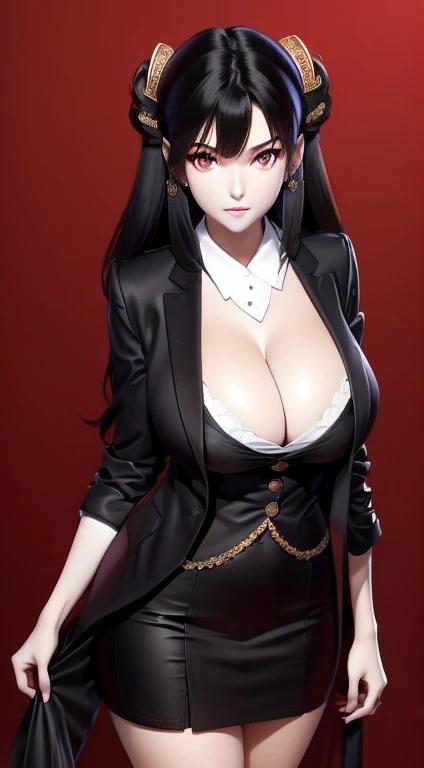 ((best quality)), ((On the table)), (detailed), (emphasize), perfect face　Young girl&#39;s face detail showing cleavage、Red eyes and long, Thick, smooth, pretty black hair，Bangs、Monochrome background、Wear it standing with a blazer and miniskirt、